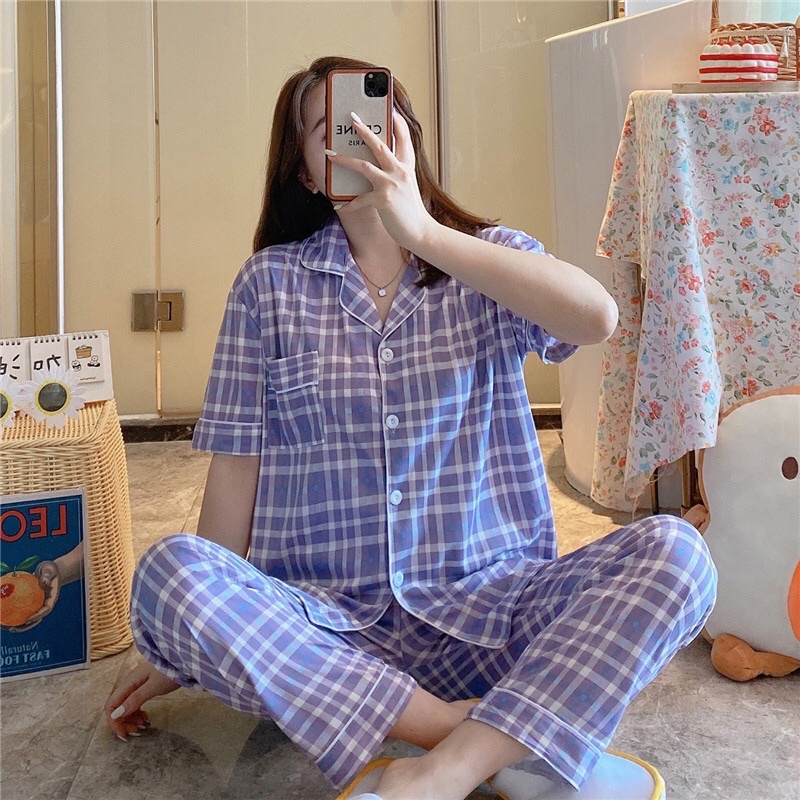 [TẶNG TẤT/VỚ] Đồ Bộ Nữ Pijama Mặc Nhà Cộc Tay Chất Thun Sữa Mịn Siêu Xinh, Bộ Đồ Ngủ Tay Ngắn Quần Dài Phong Cách Uzlang