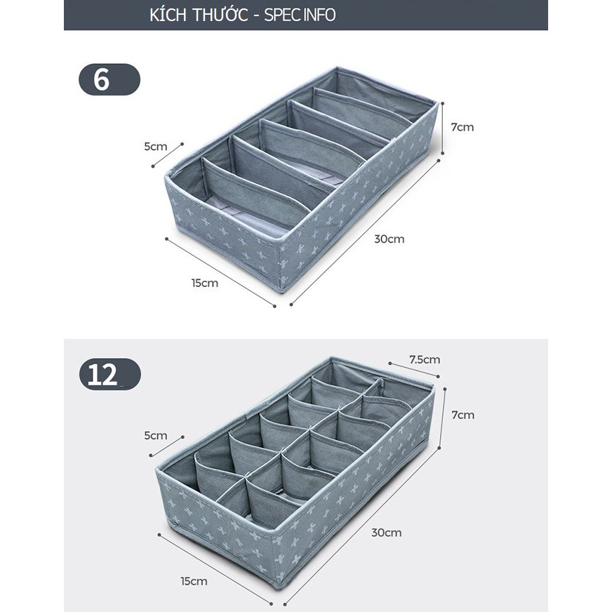 (HCM)-2 HỘP ĐỰNG ĐỒ LÓT, TẤT, PHỤ KIỆN 6 NGĂN + 12 NGĂN BẰNG VẢI CHỐNG THẤM NƯỚC