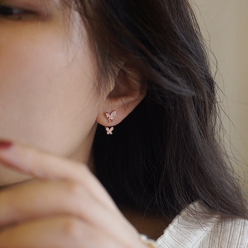 Khuyên tai bạc 925 SUMMERY hình bướm đính đá chốt sau đeo 2 kiểu S925 mạ vàng hồng