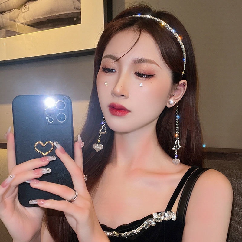 Băng Đô Cài Tóc Đính Đá Phối Dây Xích Tua Rua Phong Cách Hàn Quốc Thời Trang Cho Nữ