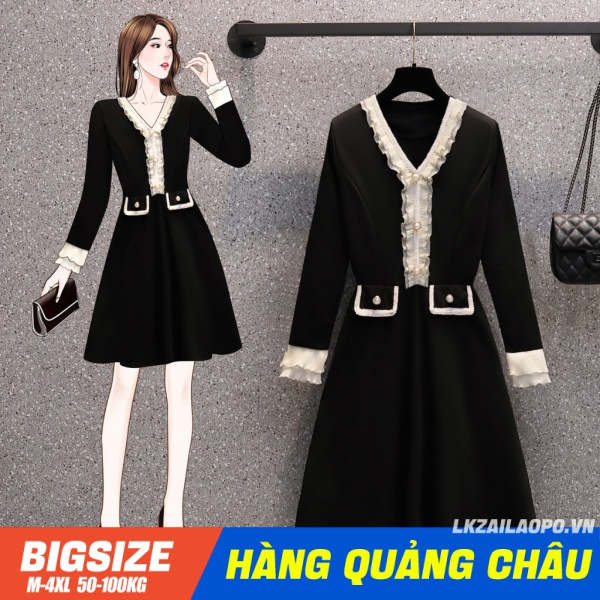BIGSIZE nữ 45-100kg Váy Đầm Tay Dài Cổ Chữ V vintage Phong cách Hàn Quốc Thời Trang cá tính xinh đẹp quảng châu cao cấp
