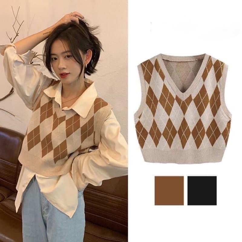 Áo len gile dáng croptop họa tiết hình khối kiểu dáng Hàn Quốc
