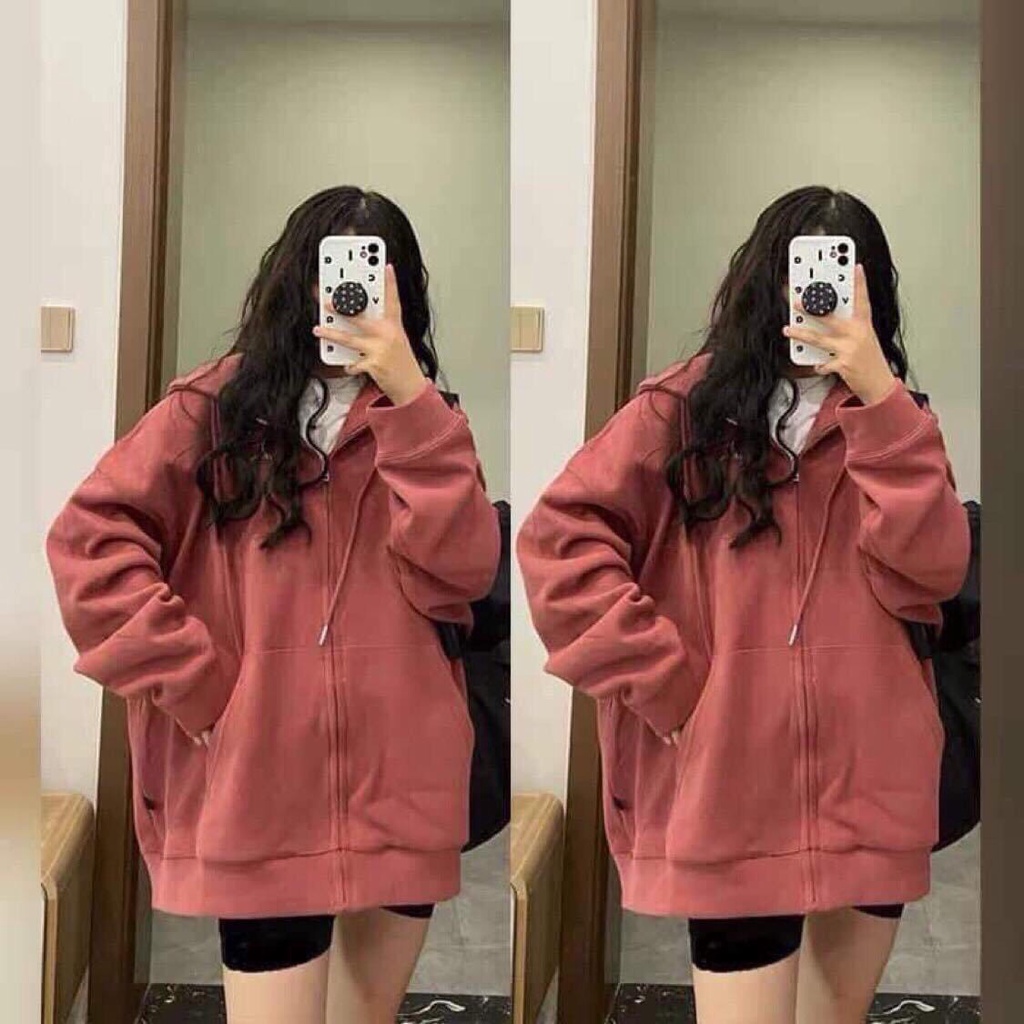 Áo Khoác Nỉ Nữ Trơn Mũ To 2 Lớp Có Túi Trước Áo Hoodie Nỉ Kéo Khóa Tay Phồng Freesize Dáng Rộng