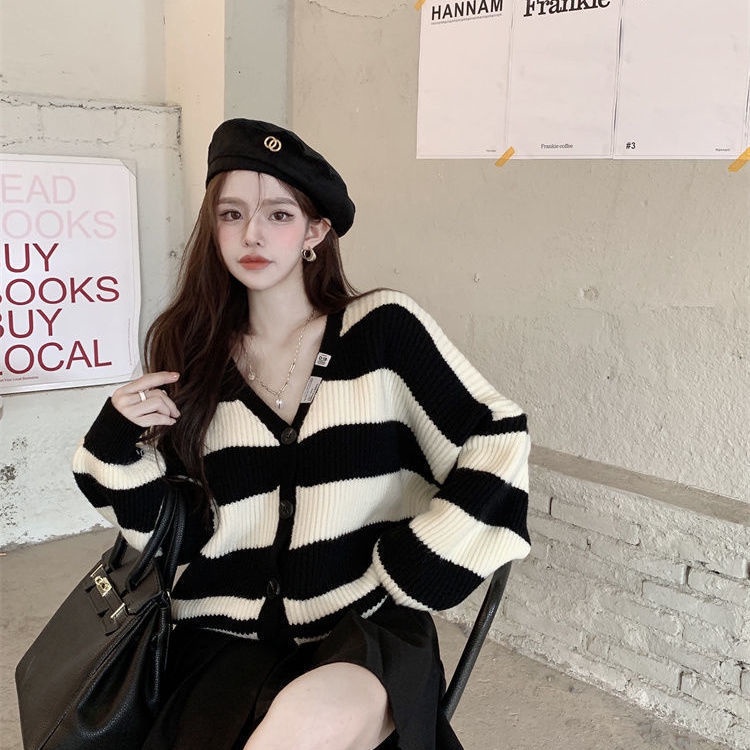 Jiashucheng Áo Khoác Cardigan Dệt Kim Tay Dài Dáng Rộng Họa Tiết Kẻ Sọc Phong Cách Retro Nhật Bản