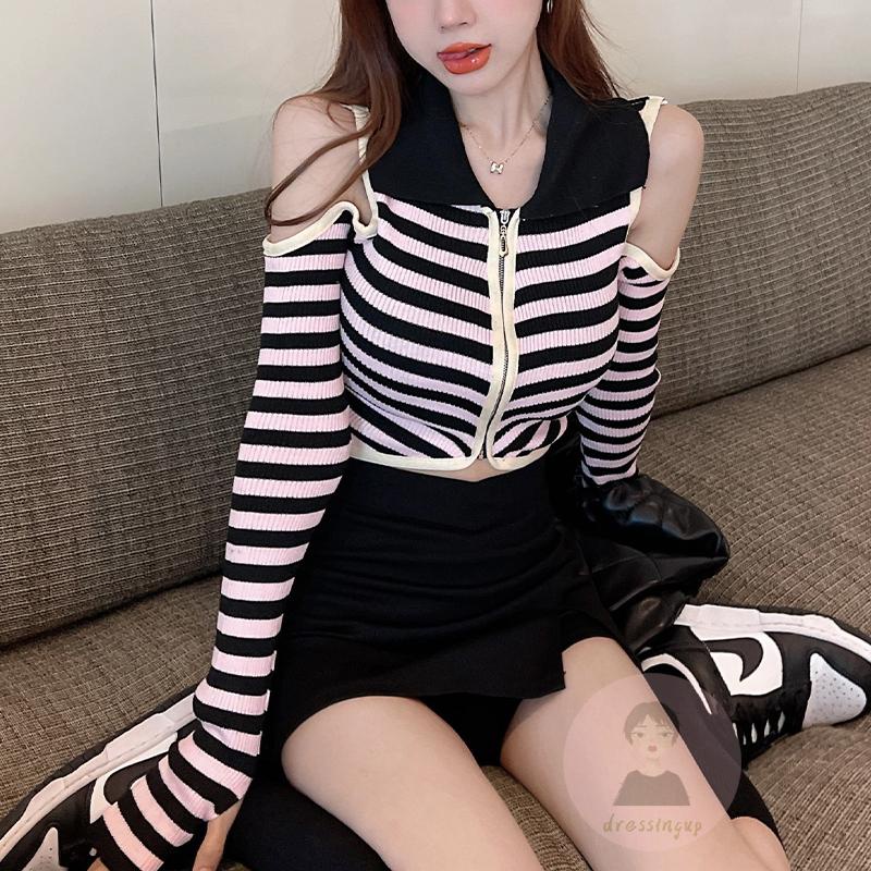 Áo Thun Tay Dài Trễ Vai Kẻ Sọc Ngang Phối Khóa Kéo Thời Trang Cho Nữ