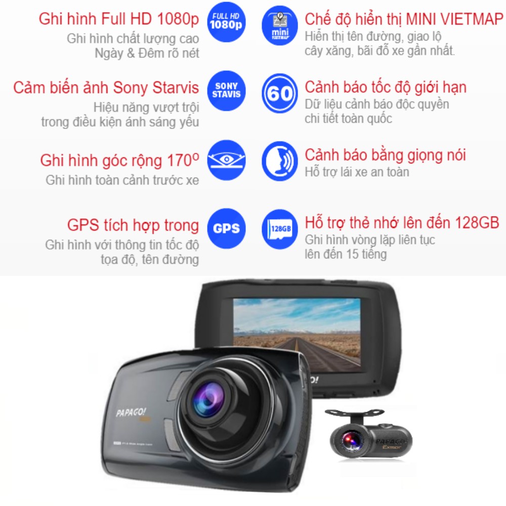 Camera hành trình Vietmap Papago S70G + Camera sau Papago S1 (Kèm Thẻ Nhớ 64Gb + Lắp Đặt) | BigBuy360 - bigbuy360.vn