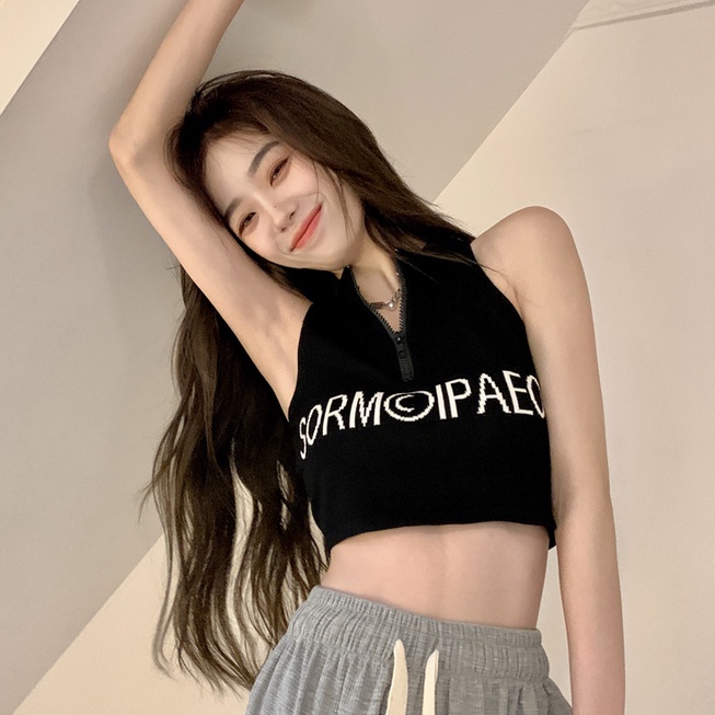 Áo dệt kim ZHELIHANGFEI sát nách hở eo phối khóa kéo thời trang cá tính cho nữ