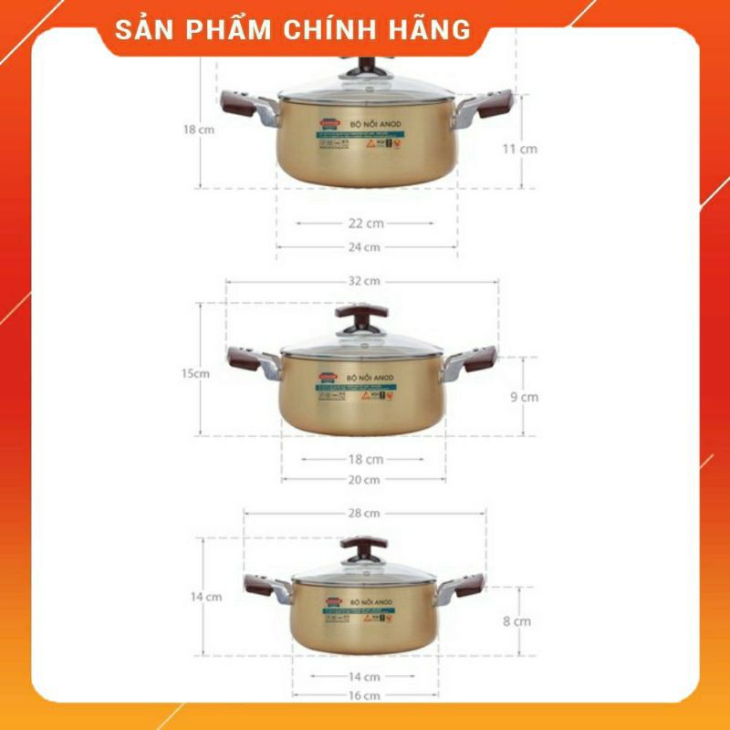 VÔ ĐỊCH GIÁ ] Bộ nồi. Bộ 3 nồi Anod SUNHOUSE SH6634 size : 16- 18-24cm mới nhất