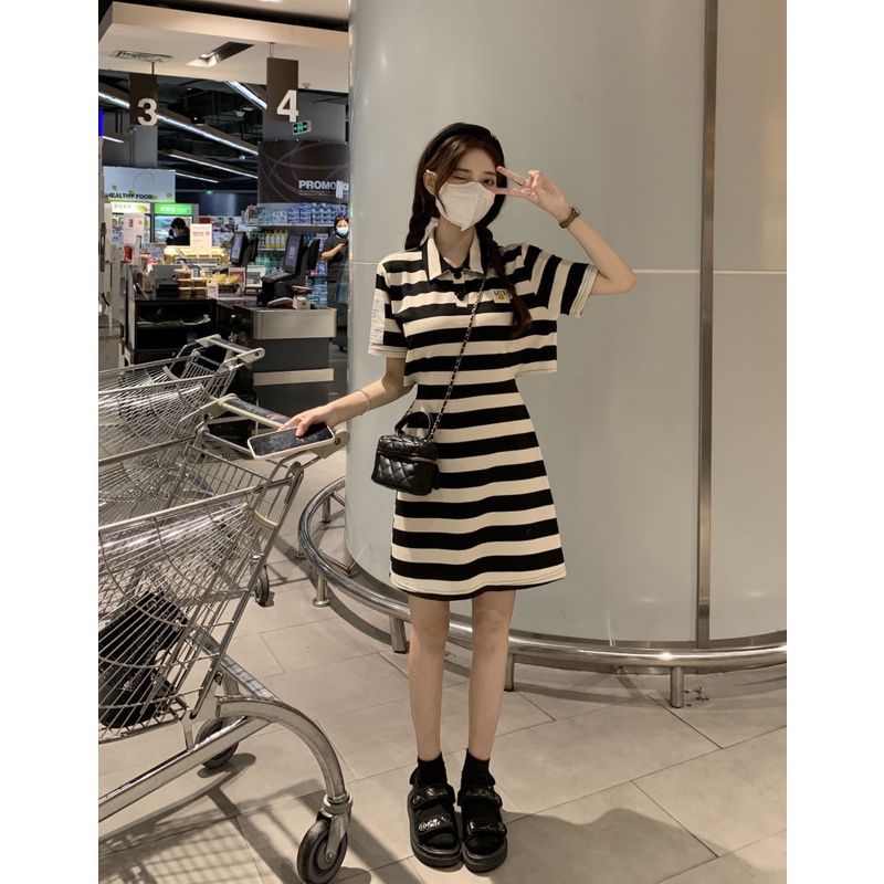 Đầm tay ngắn cổ bẻ ôm eo họa tiết kẻ sọc đen trắng thời trang mùa hè dành cho nữ