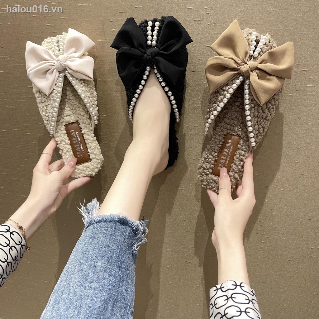 Dép Bít Mũi Phối Lông Cừu Cotton Chống Trượt Đính Nơ Dễ Thương Thời Trang Thu Đông Cho Nữ 2021
