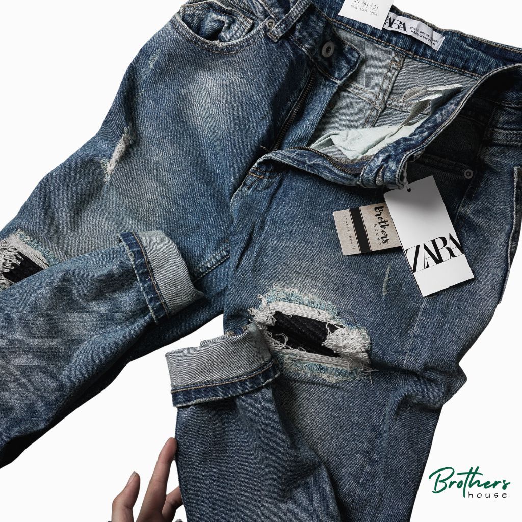 Quần jean nam xanh rách gối cực bụi, co giãn bao tốt