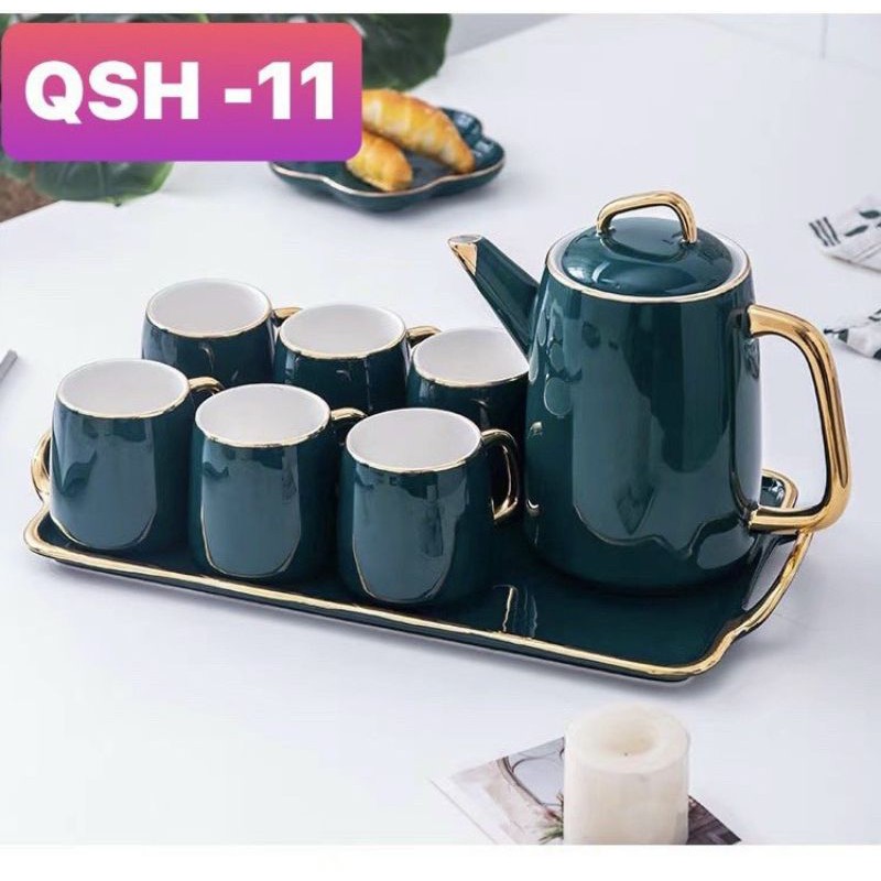 Bộ ấm trà, cafe kèm khay sứ viền vàng 24K cao cấp