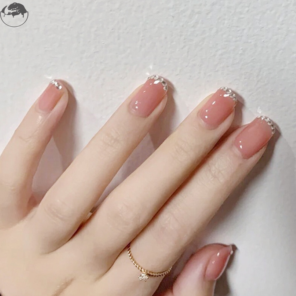Bộ 24 Móng Tay Giả Ngắn Màu Hồng Che Phủ Toàn Diện Đính Đá Trang Trí Có Thể Tái Sử Dụng Cho Nữ & Bé Gái