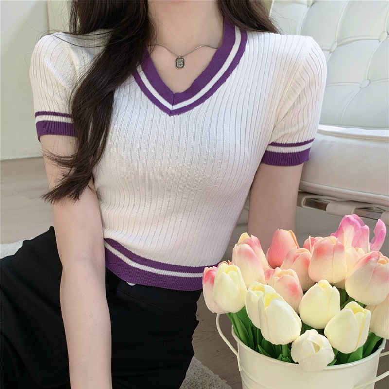 Áo thun SUXI croptop dệt kim cổ chữ V tay ngắn phong cách retro dành cho nữ