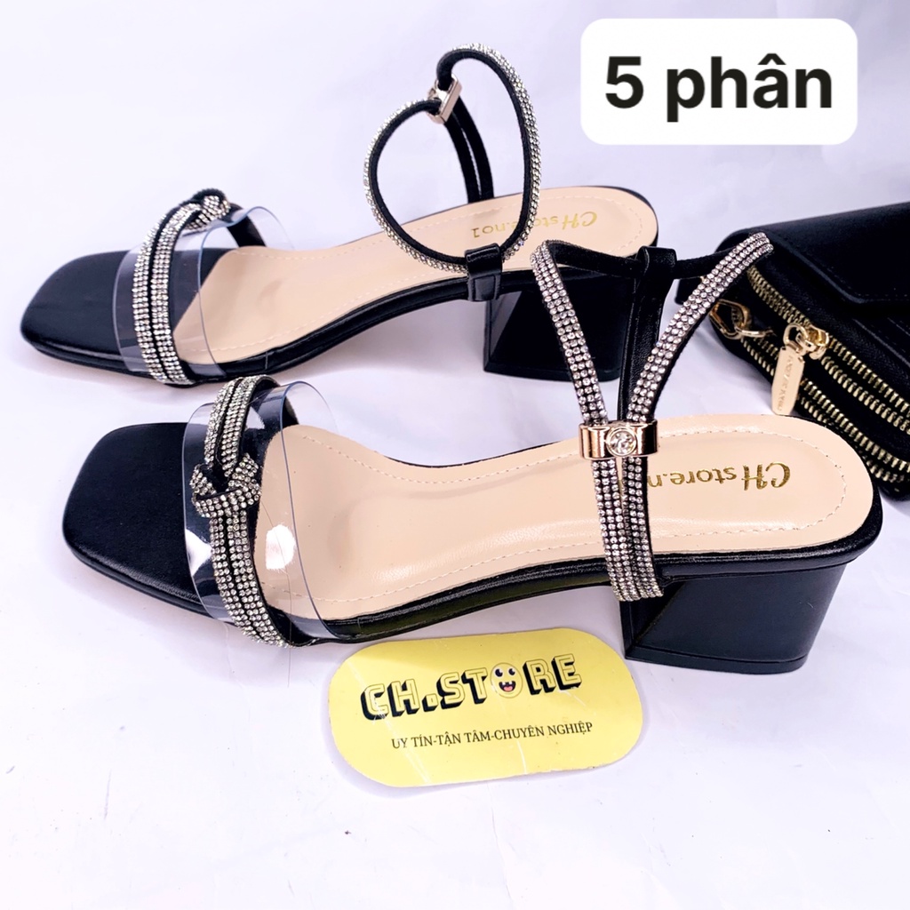 Sandal cao gót nữ, dép đi học quai ngang đính hạt xoàn đế vuông 5p - Mã H06