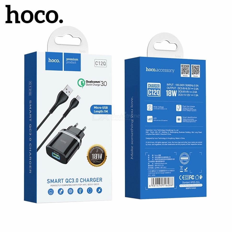 ⚡NowShip⚡ Bộ Cốc Sạc Nhanh 18W 3A HOCO C12Q  Hỗ Trợ QC 2.0 3.0 Dây Dài 1M Cổng Type C Cho Android SamSung Xiaome Huawei