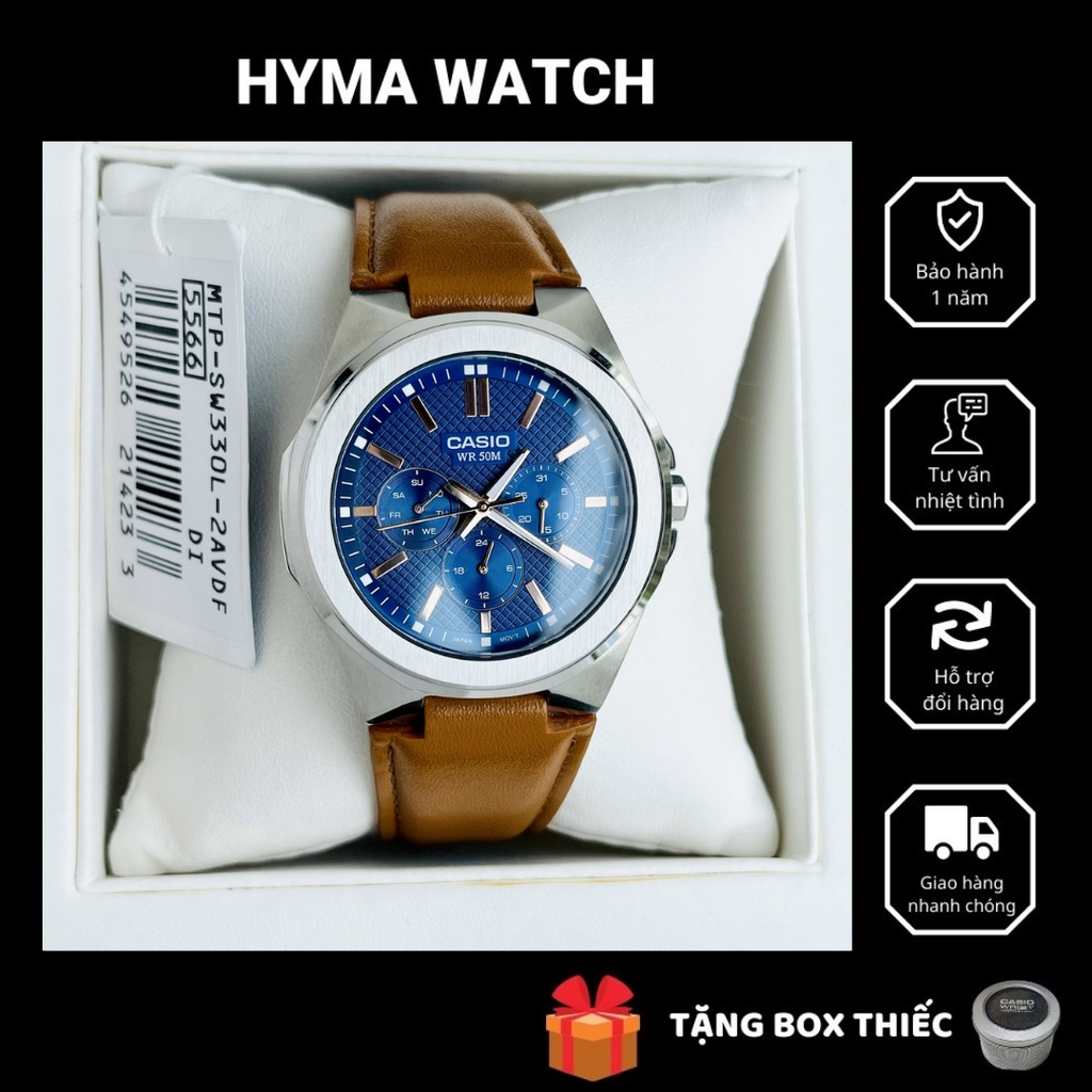 Đồng hồ nam dây da mặt xanh Casio MTP SW330L-2AVDF Bảo hành 1 năm Hyma watch