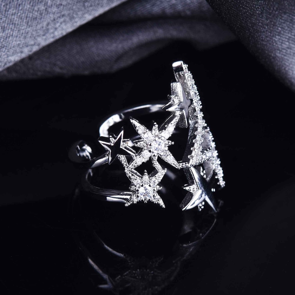 Nhẫn Mạ Bạc 925 Đính Đá Zircon Hình Ngôi Sao Năm Cánh Có Thể Điều Chỉnh Kích Cỡ