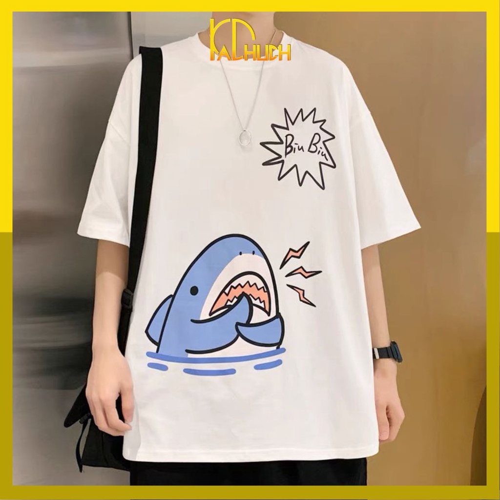 ÁO THUN TAY LỠ UNISEX IN CÁ MẬP SIÊU CUTE HAI MÀU ĐEN TRẮNG - FREESIZE DƯỚI 75KG