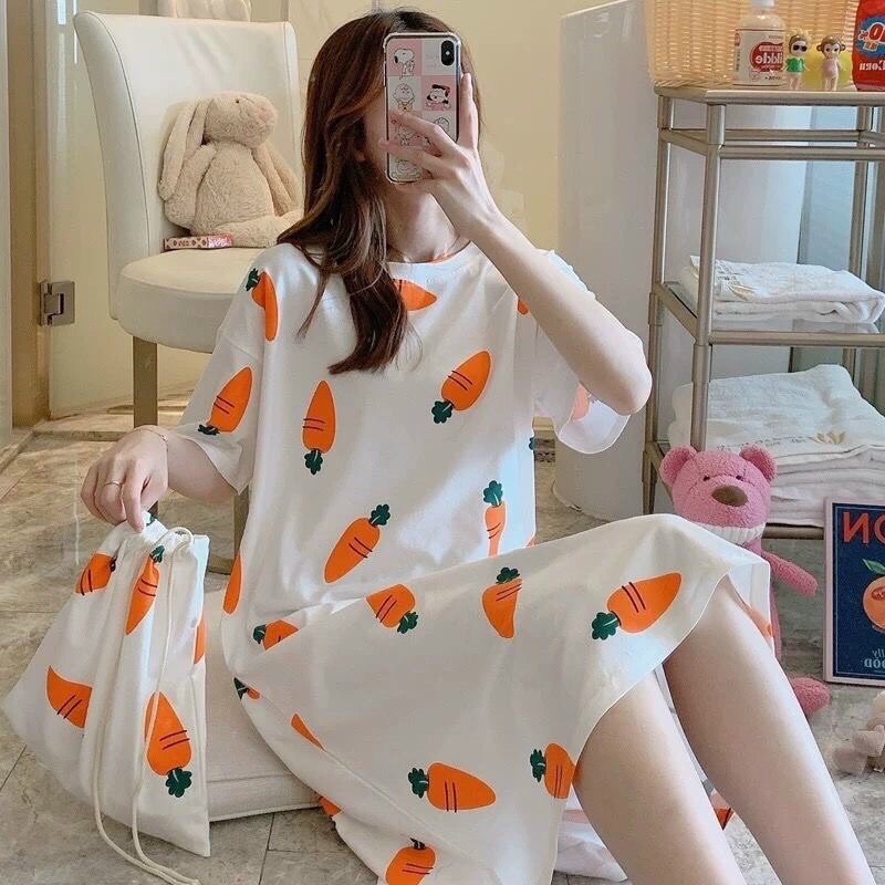 Freeship 50k- Váy ngủ dáng suông chất cotton hoạ dễ thương