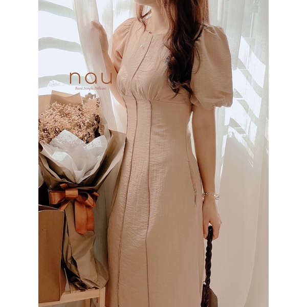 Đầm linen cổ tròn tay phồng dáng dài chít eo 6 màu trắng/đen/nâu/xanh/vàng/nude đủ size S/M/L | WebRaoVat - webraovat.net.vn