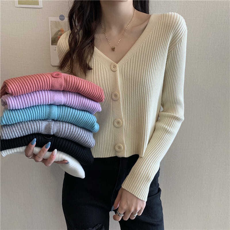 Áo Khoác Cardigan Len Mỏng Tay Dài Dáng Ôm Phong Cách Hàn Quốc 2021