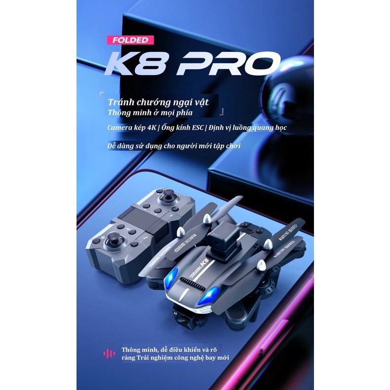 Máy Bay Không Người Lái K8 Pro, Drone Flycam 4k Mini Giá Rẻ, Play cam, Flai Cam WiFi Pin Khỏe Bay Xa 400 Mét