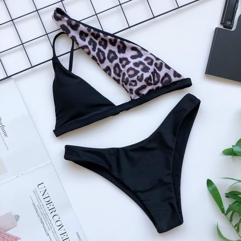 [BKN522] &lt;ÂU&gt; SET BIKINI LỆCH VAI ĐEN MIX BEO