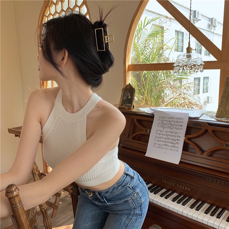 Porozi Áo croptop dệt kim cổ yếm dáng ôm phong cách Hàn Quốc thời trang cho nữ