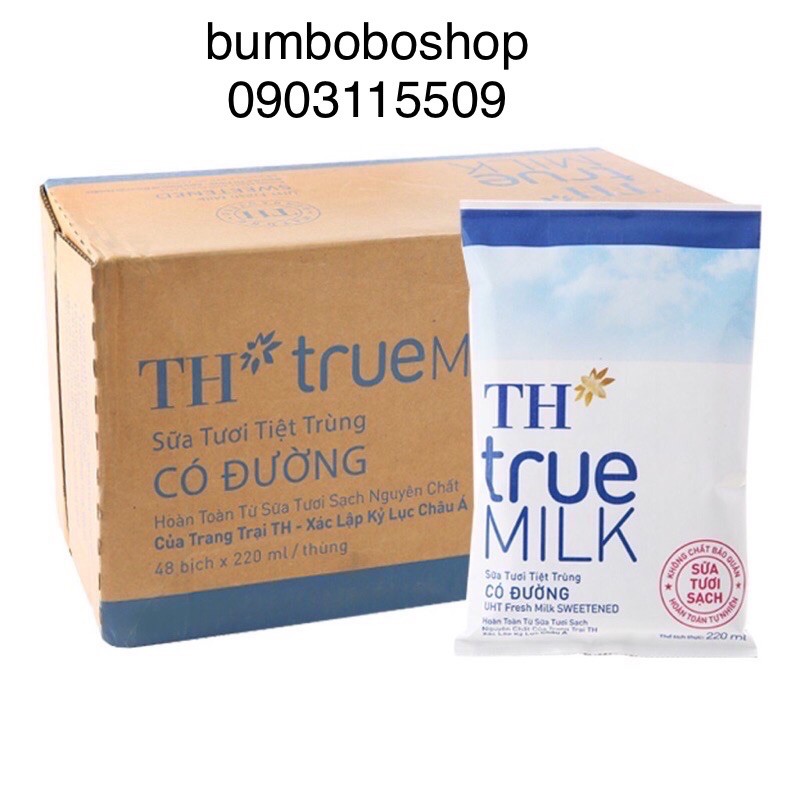 Thùng 48 bịch sữa TH true milk có đường 220ml