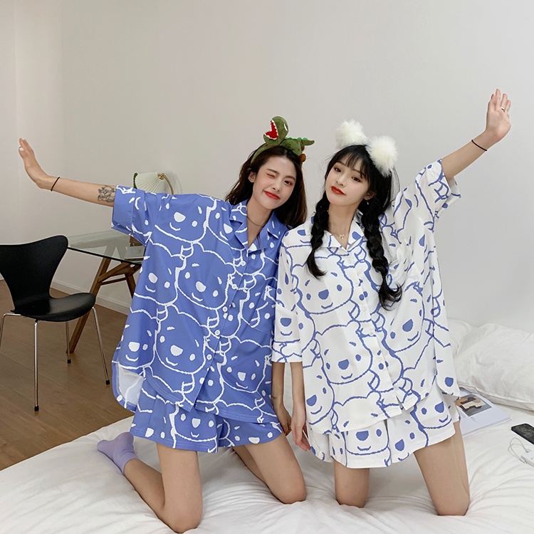 Đồ Bộ Nữ Quần Cộc Tay Cộc, Đồ Mặc Nhà Thun Cotton Dày Hàng Đẹp Hoạ Tiết Gấu