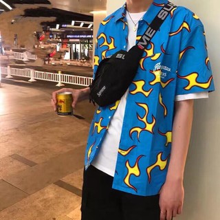 Áo sơ mi tay lỡ unisex LỬA VÀNG màu xanh