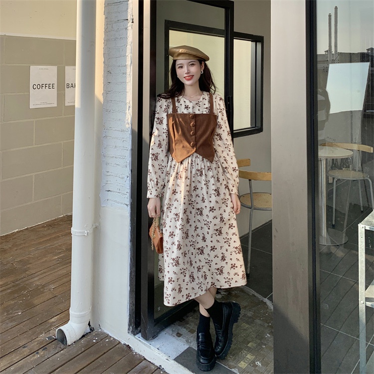 IELGY   Đầm Dài Cổ Tròn In Họa Tiết Hoa Phong Cách Hàn Quốc Cho Nữ