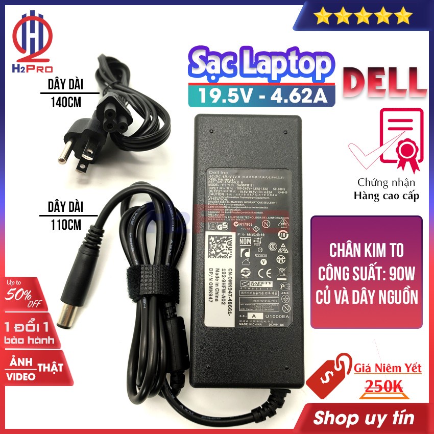 Sạc Laptop Dell 19.5V 4.62A H2Pro 2021 Chân Kim To hàng hãng E6420 E6520 3442 3443 3543(Quà 50k, dây nguồn dài 140cm)