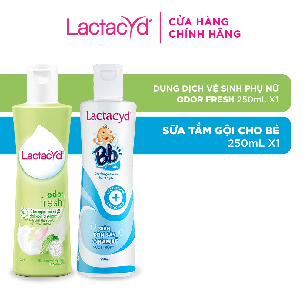 Bộ Dung Dịch Vệ Sinh Phụ nữ Lactacyd Odor Fresh Ngăn Mùi 24H 250ml + Sữa Tắm Gội Trẻ Em Bb Giảm Rôm Sảy &amp; Hăm Kẽ 250ml