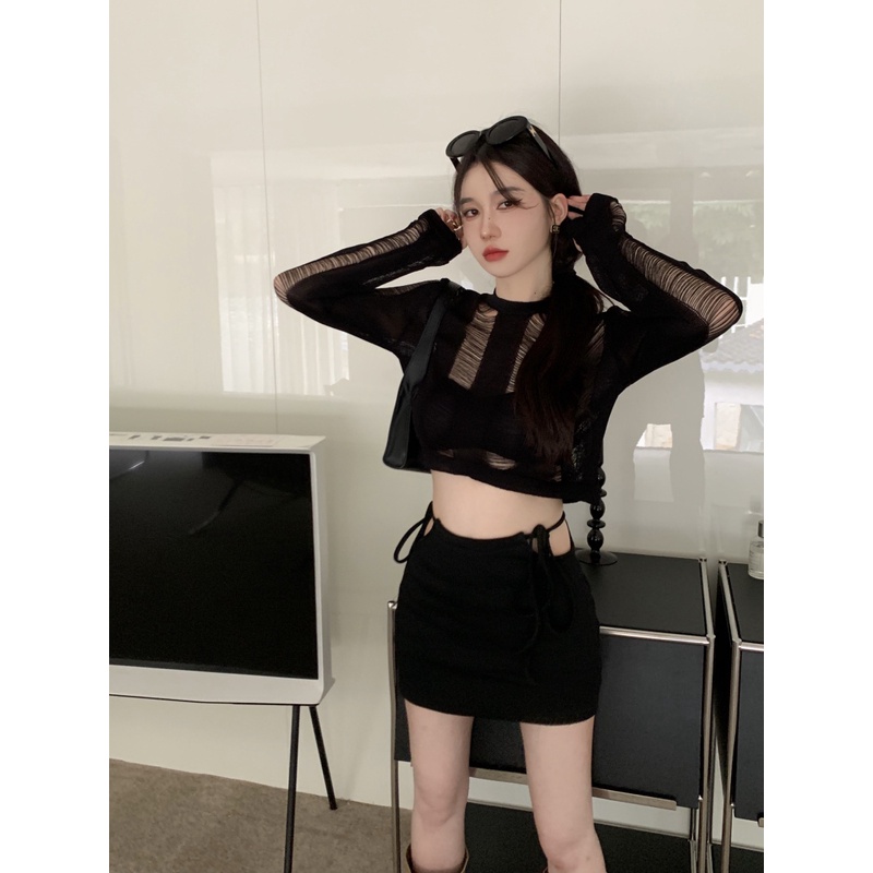 Áo Dệt Kim Mỏng Khoét Lỗ Thời Trang Hàn Quốc Gợi Cảm Cho Nữ