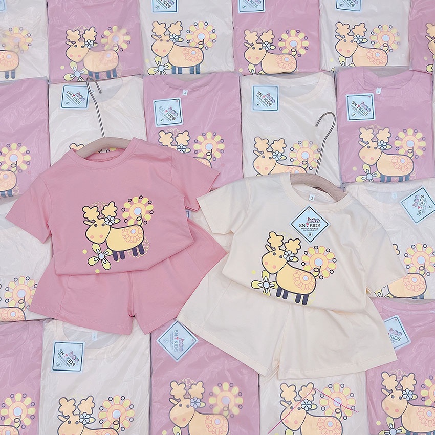 Bộ Quần Áo Trẻ Em Cộc Tay In Hình Cừu Hoa Vải Cotton Siêu Đáng Yêu Dễ Thương Cho Bé Gái Từ 7-19kg Mã CT51