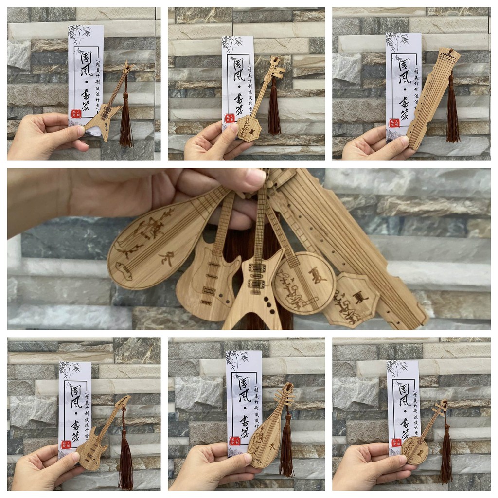 Bookmark cổ trang gỗ đan cổ cầm gắn tua rua nâu