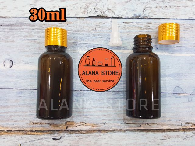 Lọ thủy tinh nâu nắp tinh dầu nhôm vàng 30ml