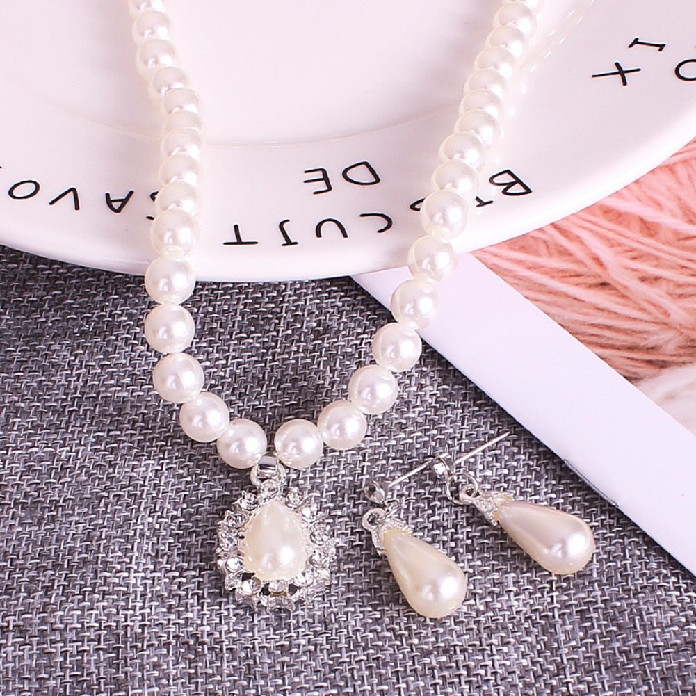 Bộ Vòng cổ + Bông Tai Đính Ngọc Trai Giả Hình Giọt Nước Cho Nữ