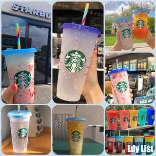 Bộ 1 / 5 Cốc Nhựa + Nắp + Ống Hút Thay Đổi Màu Sắc Starbucks 24 Fl Oz