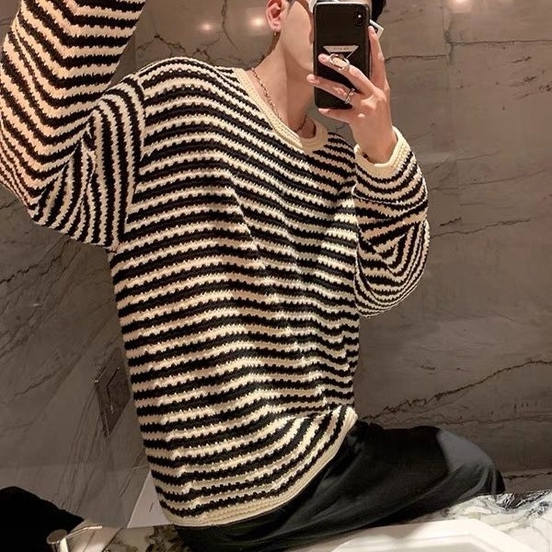 Áo Sweater Dệt Kim Cổ Tròn Họa Tiết Kẻ Sọc Màu Sắc Tương Phản Thời Trang Mùa Thu 2022 Cho Nam