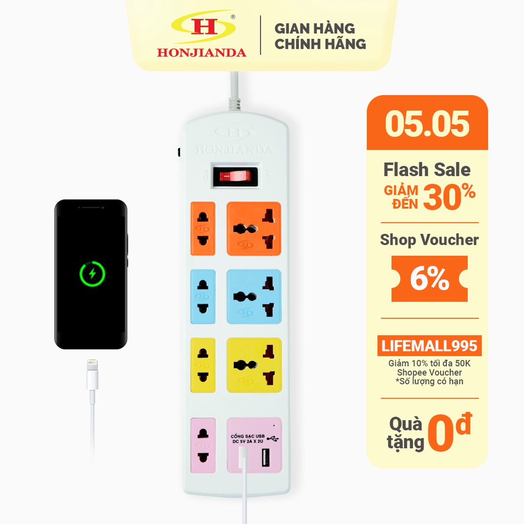Ổ cắm điện đa năng Honjianda Có USB Mã 04 Dây 3m/5m - an toàn chống quá tải