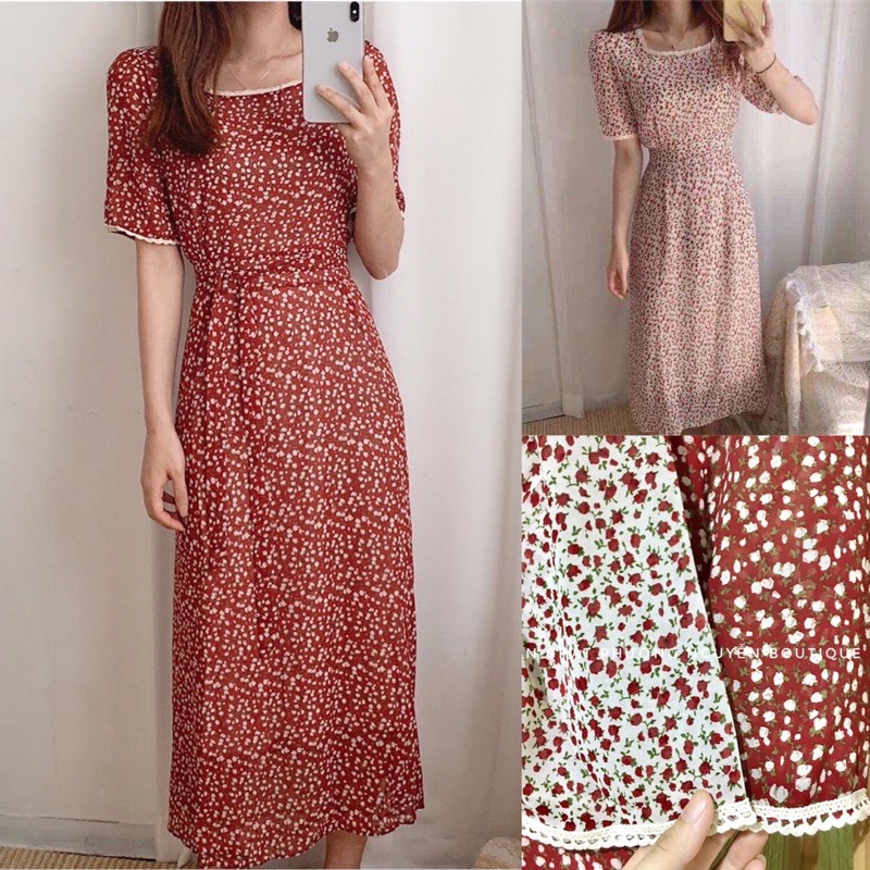 Váy đầm nữ hoa nhí tiểu thư có dây đai eo tôn dáng ulzzang Hàn Quốc | BigBuy360 - bigbuy360.vn