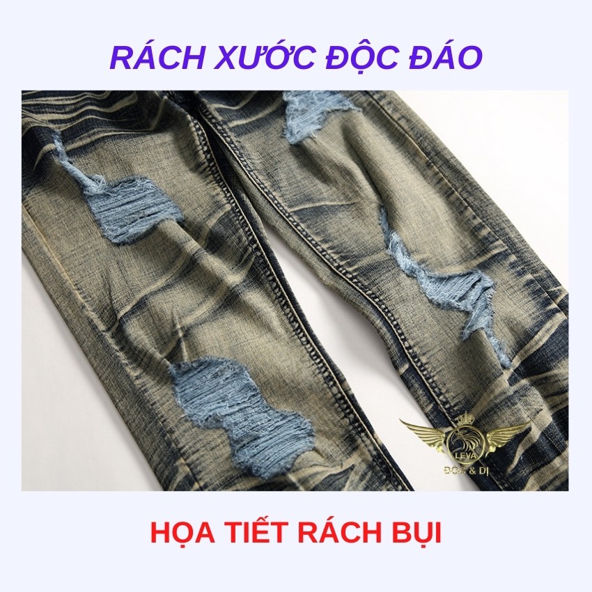  Quần jean nam rách gối ống côn độc lạ LEVAMEN chất liệu vải bò jeans co giãn đẹp QJ007 | BigBuy360 - bigbuy360.vn