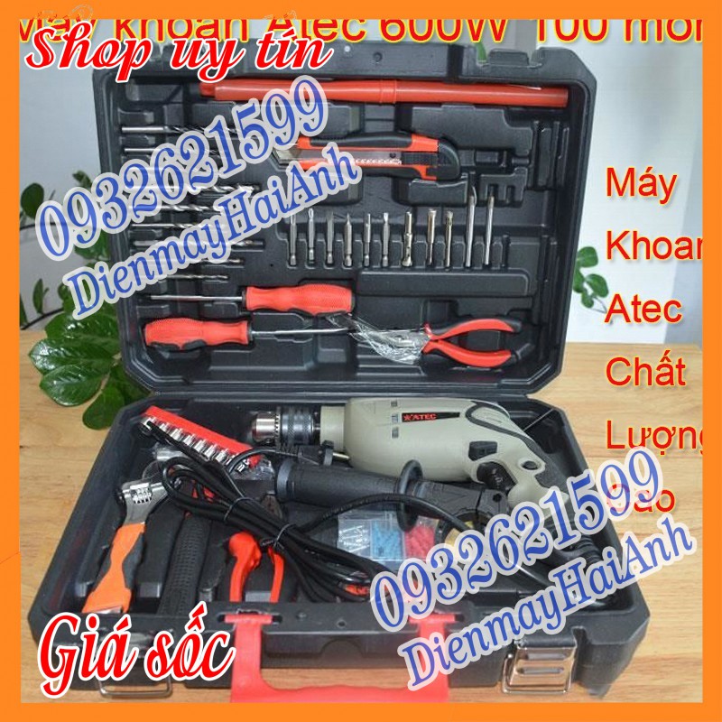 Bộ 100 món máy khoan điện mini cầm tay đa năng Atec AT7218 600W - Khoan tường, gỗ, nhôm, sắt gia đình