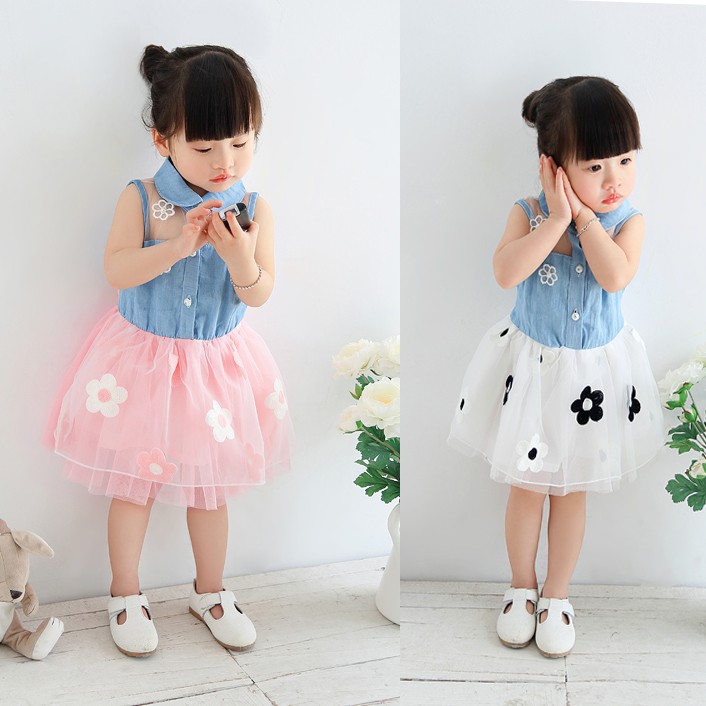 Đầm xòe không tay phối lưới xuyên thấu đính hoa xinh xắn cho bé gái