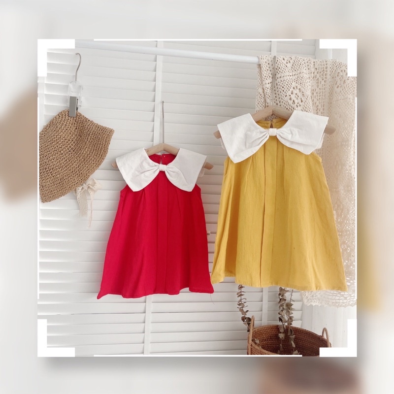 Váy hè sát nách nền màu trơn, cổ trắng thắt nơ cho bé gái 8-21kg- Chất thô cara mát