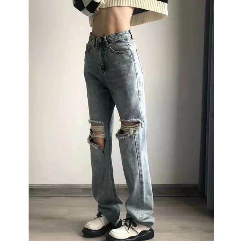 ✽✇Quần Jeans Dài Lưng Cao Ống Rộng Rách Gối Phong Cách Đường Phố Mỹ Thời Trang Mùa Hè Cho Nữ