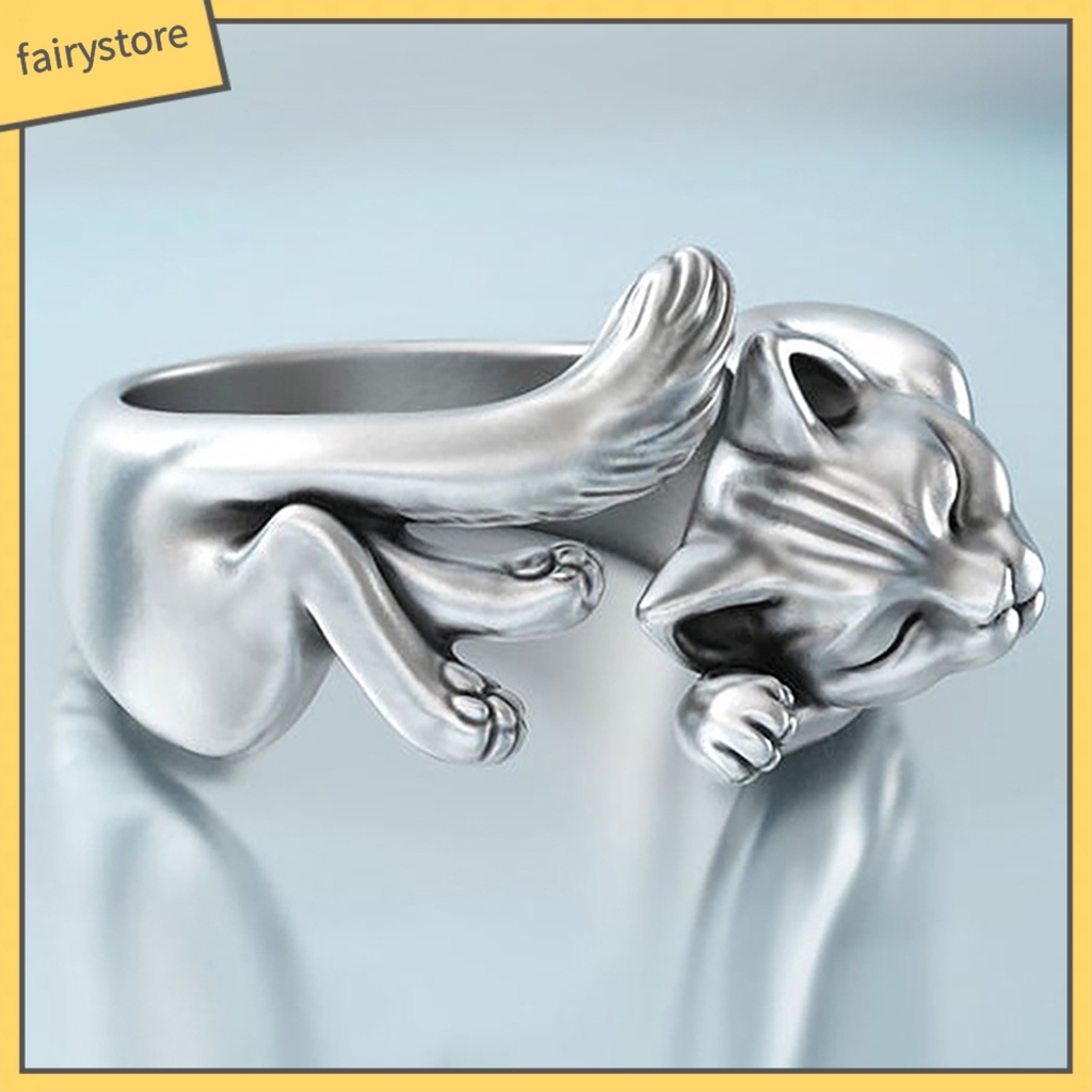 Nhẫn Hở Mạ Bạc Hình Mèo Ngủ Phong Cách Vintage